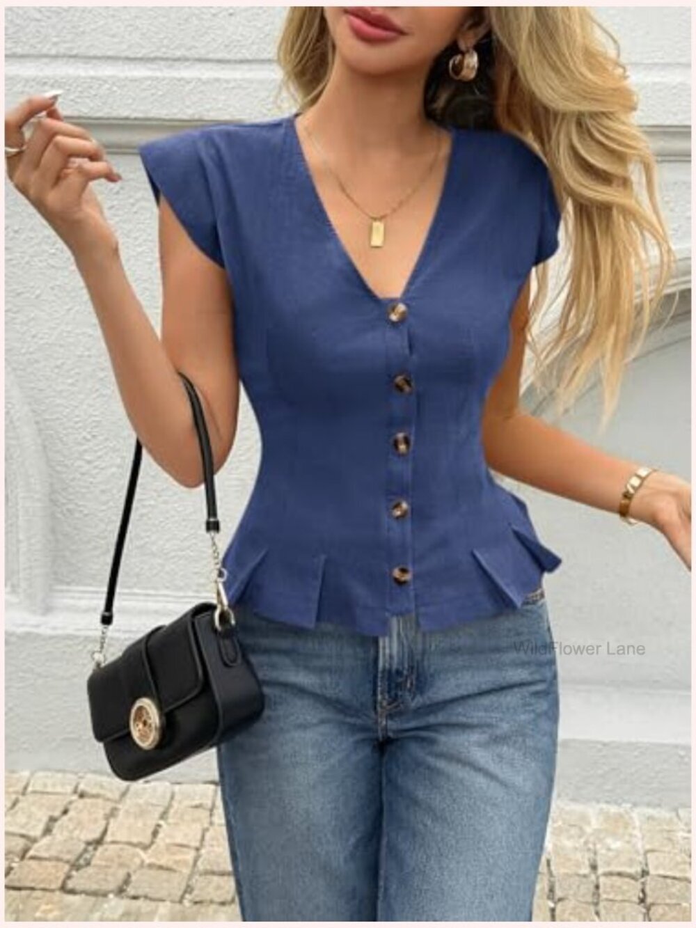 Deep V Neck Cotton Top with Cap Sleeves and Ruffle Hem - Fitted Blouse - Picture 6 of 7
